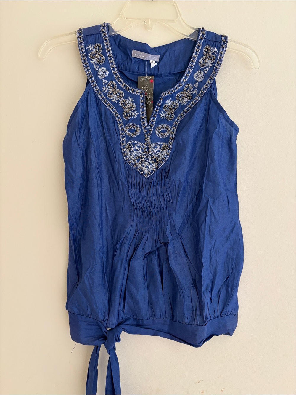 Sleeveless Beaded Royal Blue Tank Top with Tie Hem